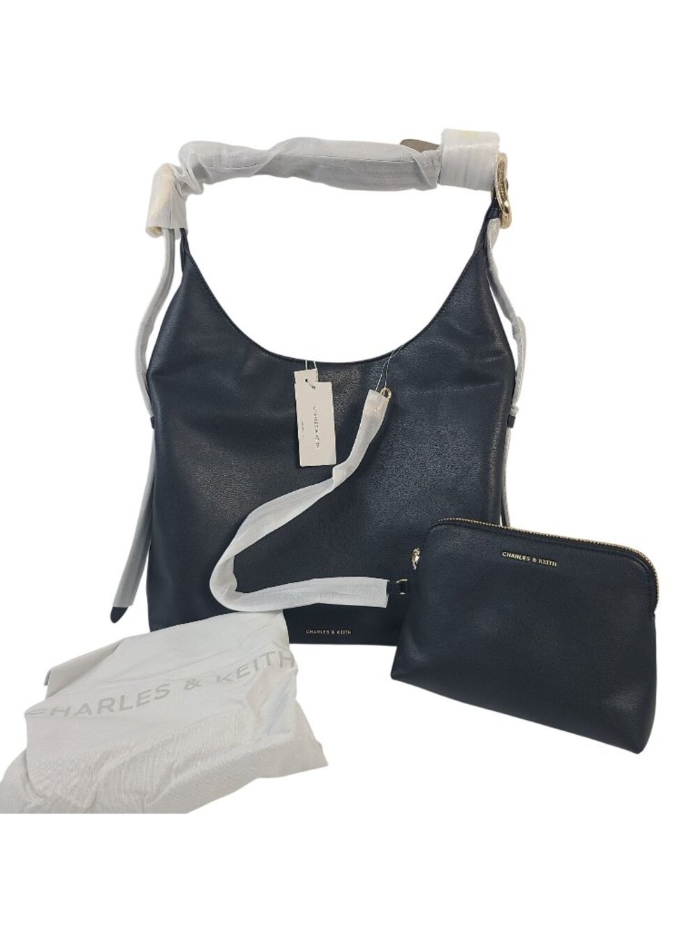 NEW Charles & Keith Aislin Hobo Handbag & Pouch Black Recycled Leather